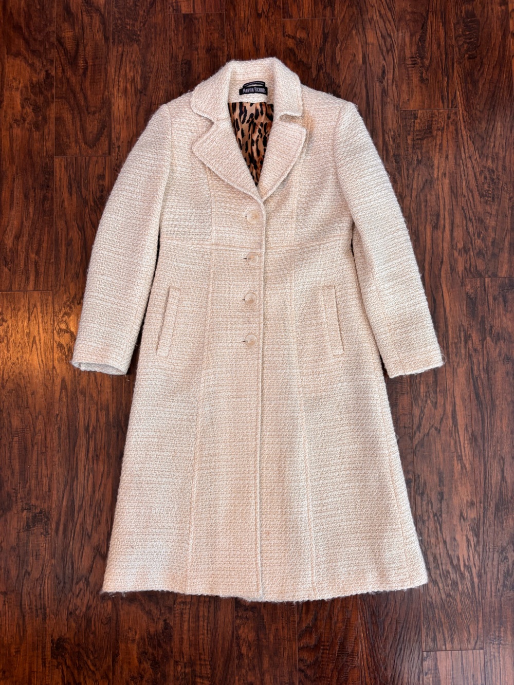 Marvin Richards Ivory Bouclé Long Pea Coat Wool Vintage Gold Tinsel Size 6